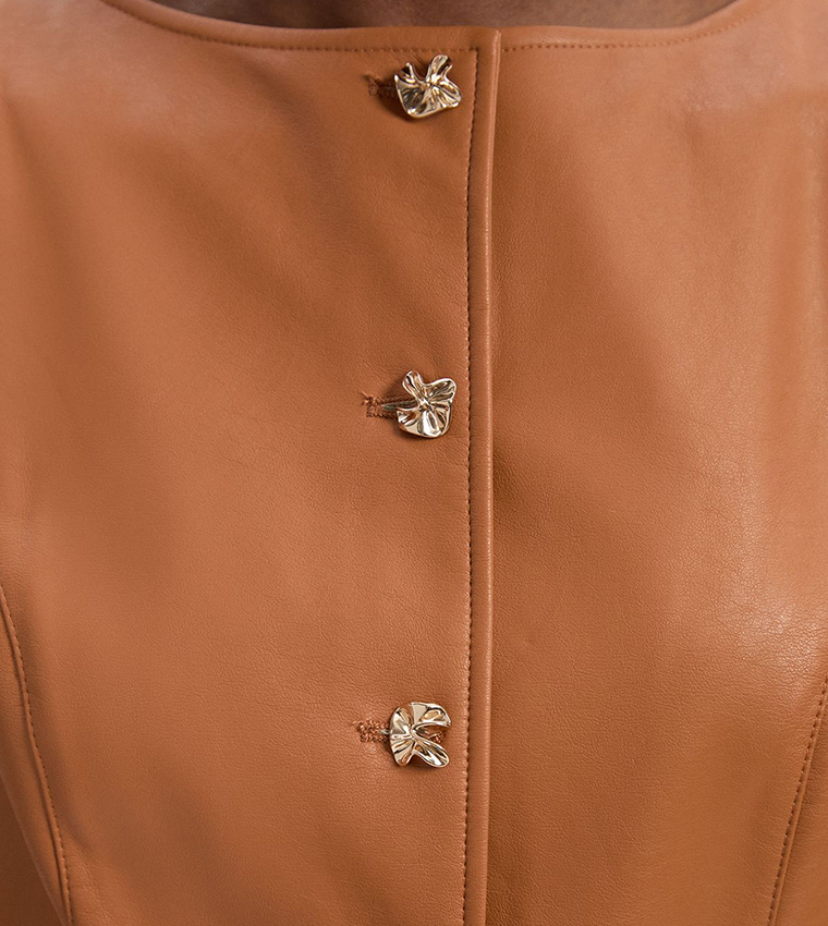 Petite Faux Leather Button Detail Pencil Midi Dress