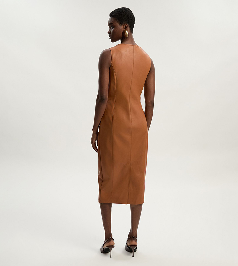 Petite Faux Leather Button Detail Pencil Midi Dress