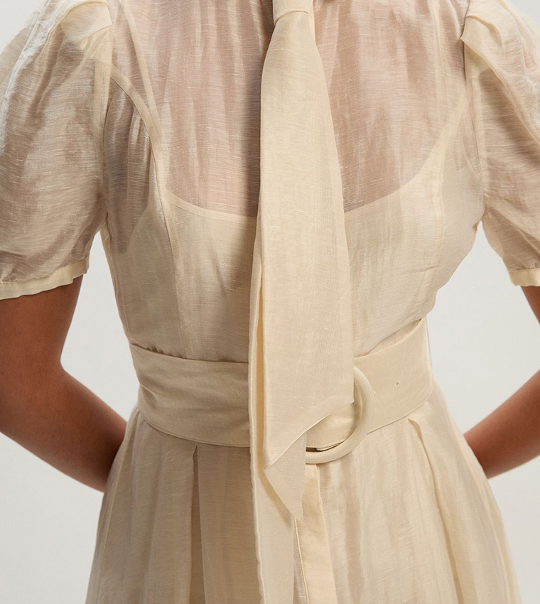 Organdie Tie Neck Woven Midi Dress