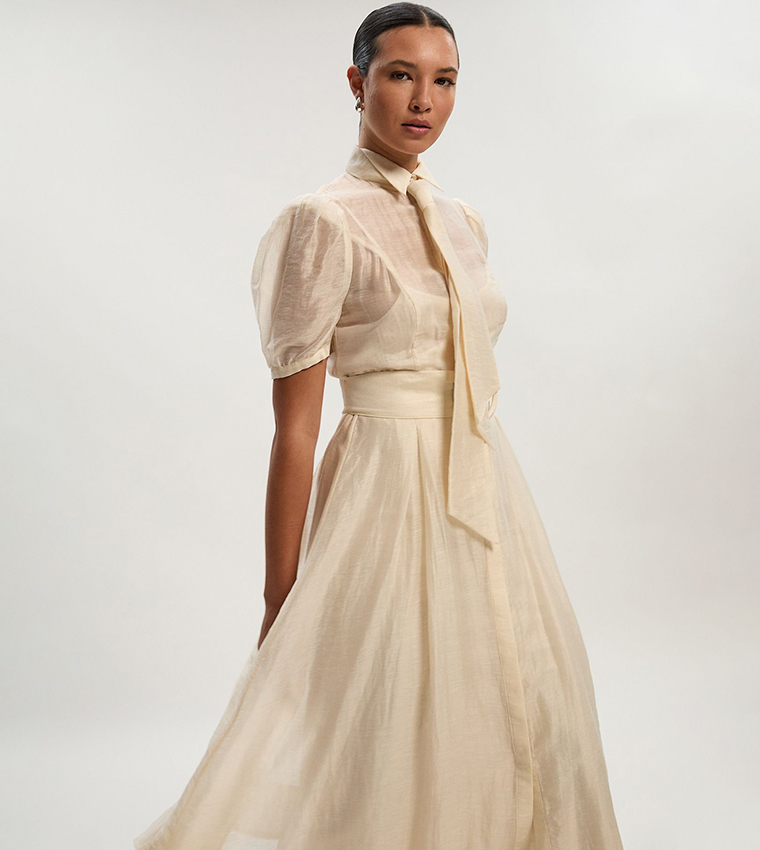 Organdie Tie Neck Woven Midi Dress