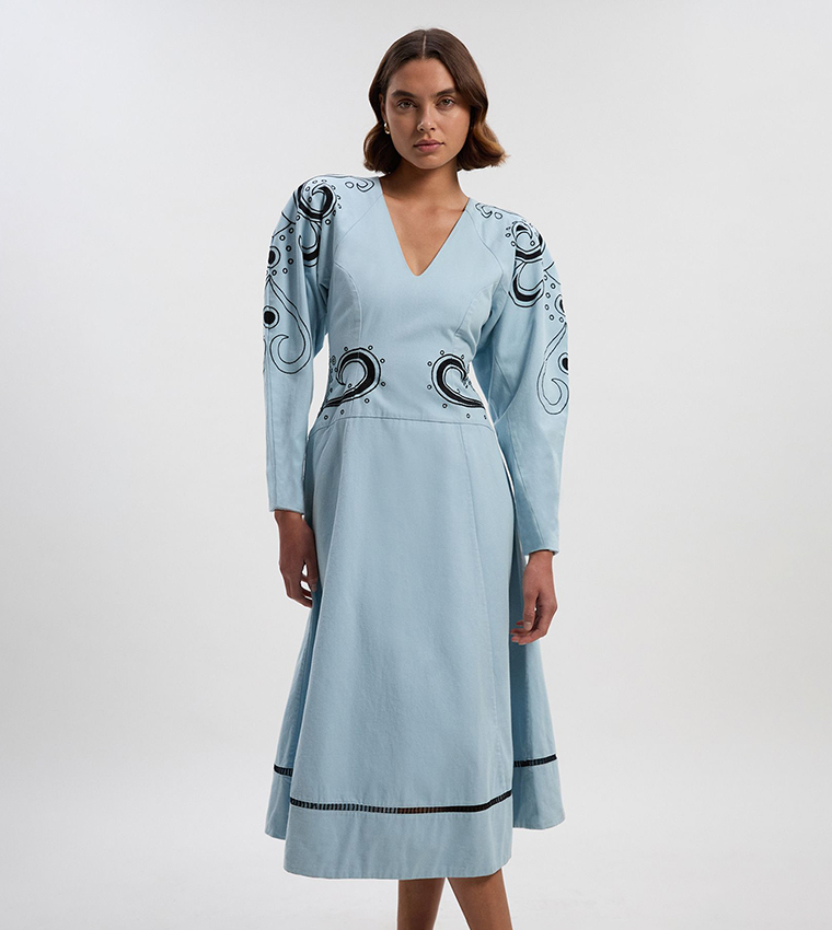 Baroque Embroidered Long Sleeves Twill Midi Dress