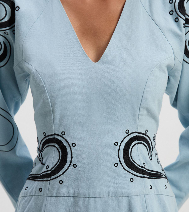 Baroque Embroidered Long Sleeves Twill Midi Dress