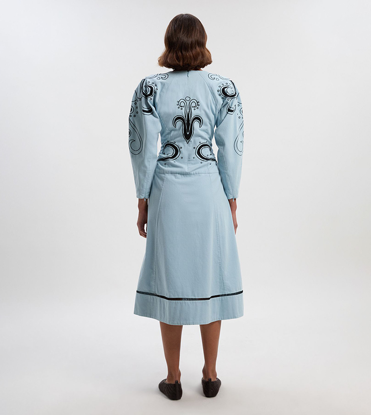 Baroque Embroidered Long Sleeves Twill Midi Dress