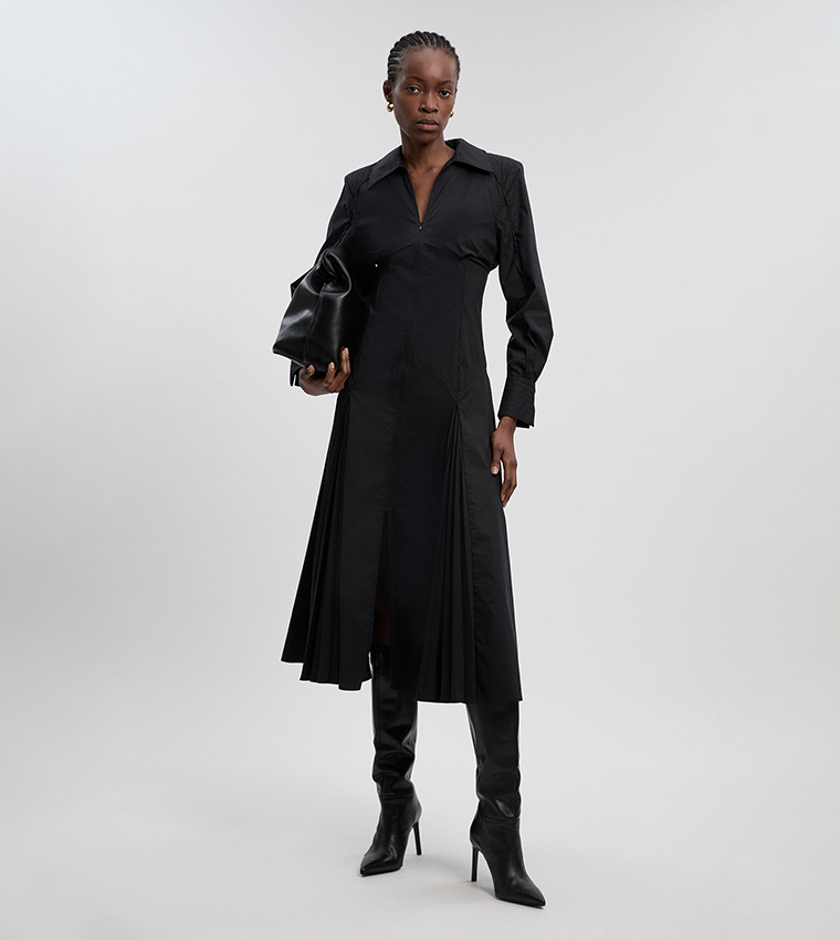 Pleated Detail Long Sleeves Woven Midi Dress