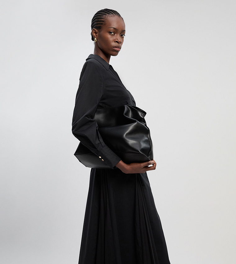 Pleated Detail Long Sleeves Woven Midi Dress