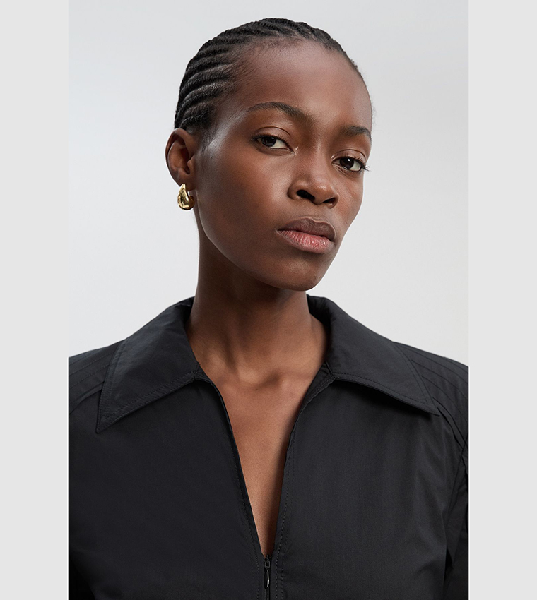 Pleated Detail Long Sleeves Woven Midi Dress