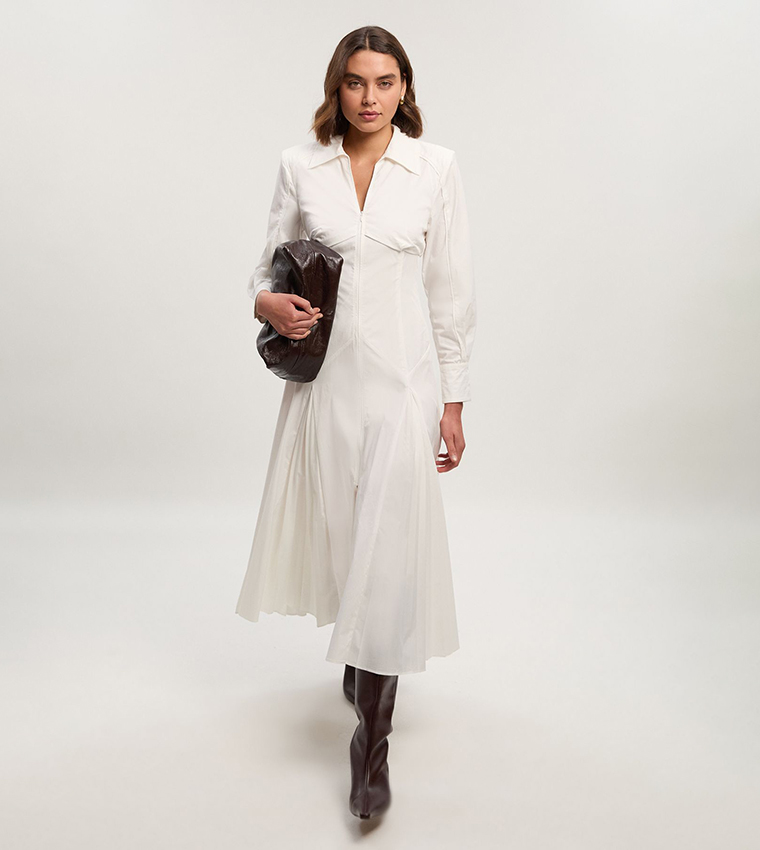 Pleated Detail Long Sleeves Woven Midi Dress