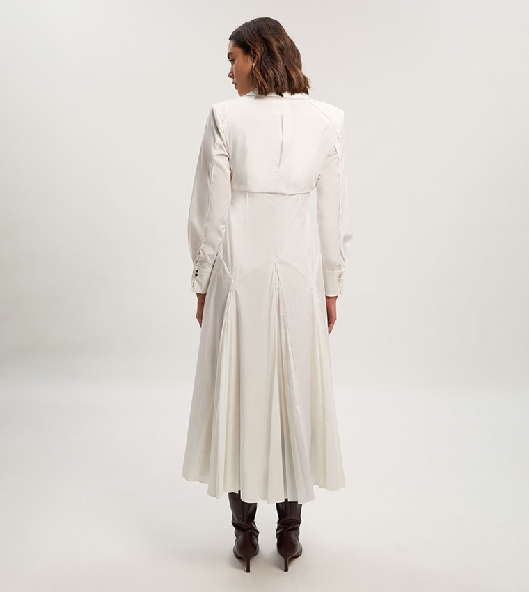 Pleated Detail Long Sleeves Woven Midi Dress