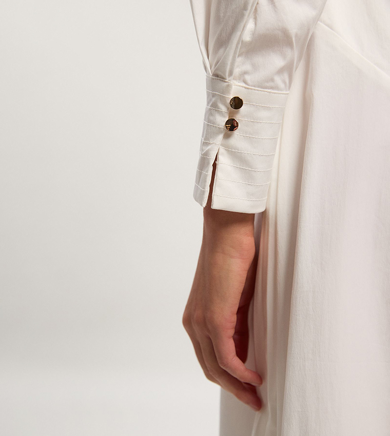 Pleated Detail Long Sleeves Woven Midi Dress