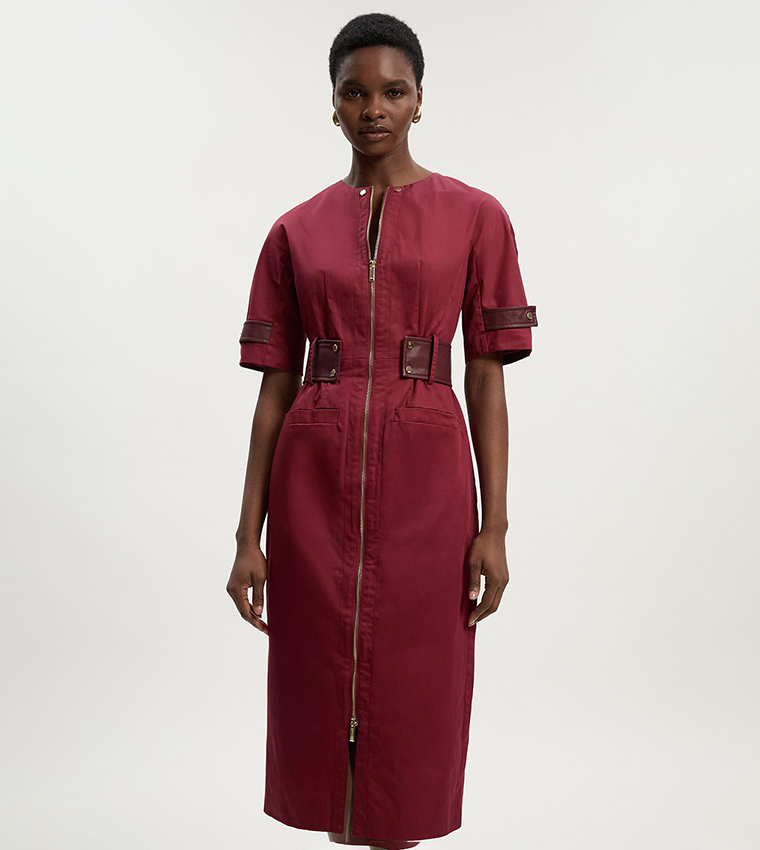 Faux Leather Tab Utility Midi Dress