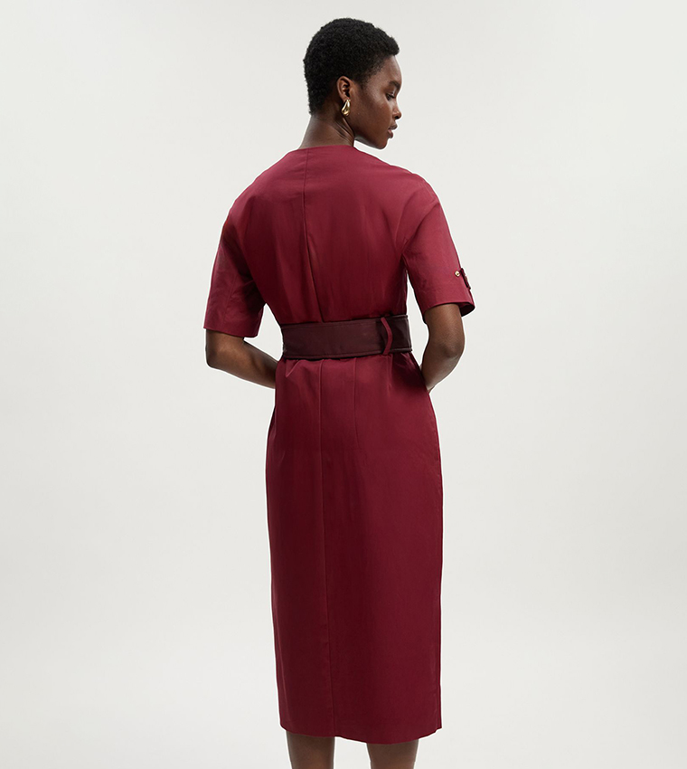 Faux Leather Tab Utility Midi Dress