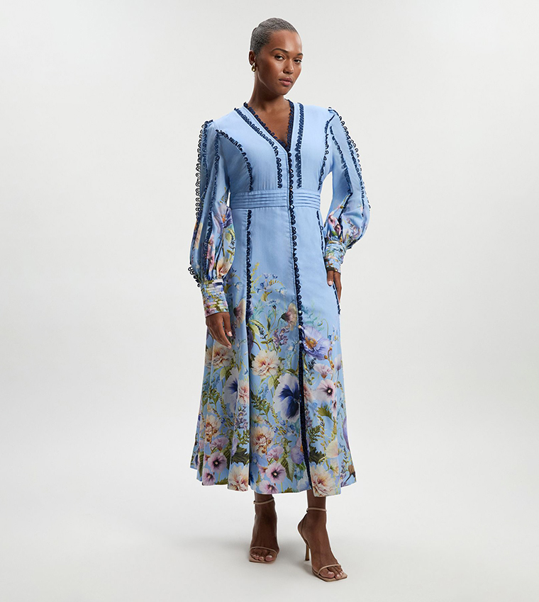 Curve Trailing Floral Patterned V-Neck Maxi Dress