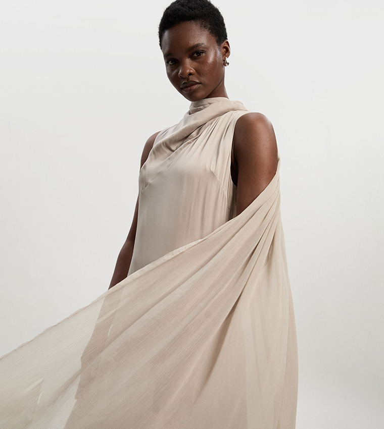 Satin Drape Georgette Cape Detail Midi Dress