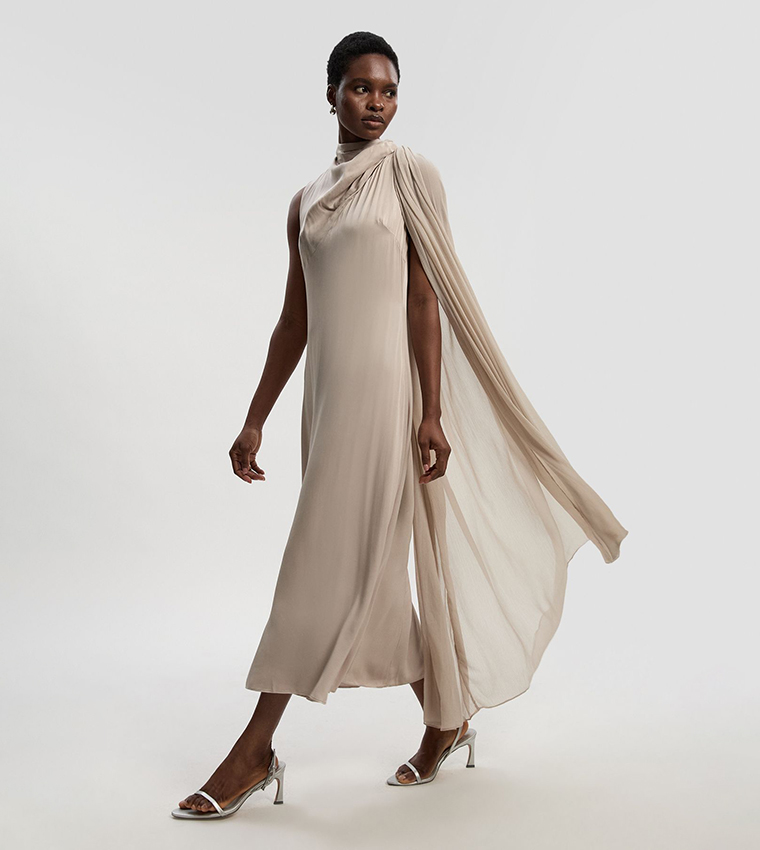 Satin Drape Georgette Cape Detail Midi Dress
