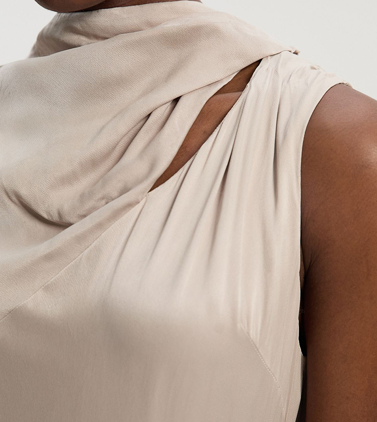 Satin Drape Georgette Cape Detail Midi Dress