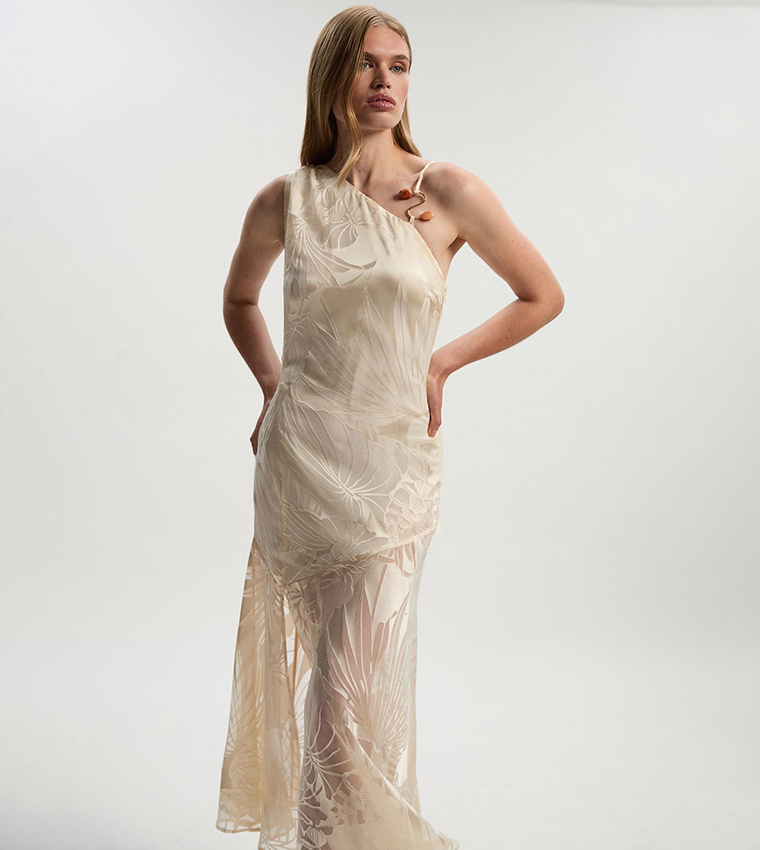 Tall Devoure One Shoulder Woven Maxi Dress with Trim Detail