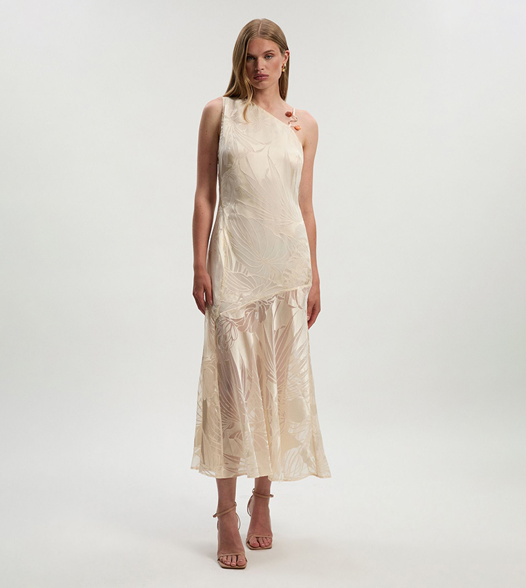 Tall Devoure One Shoulder Woven Maxi Dress with Trim Detail