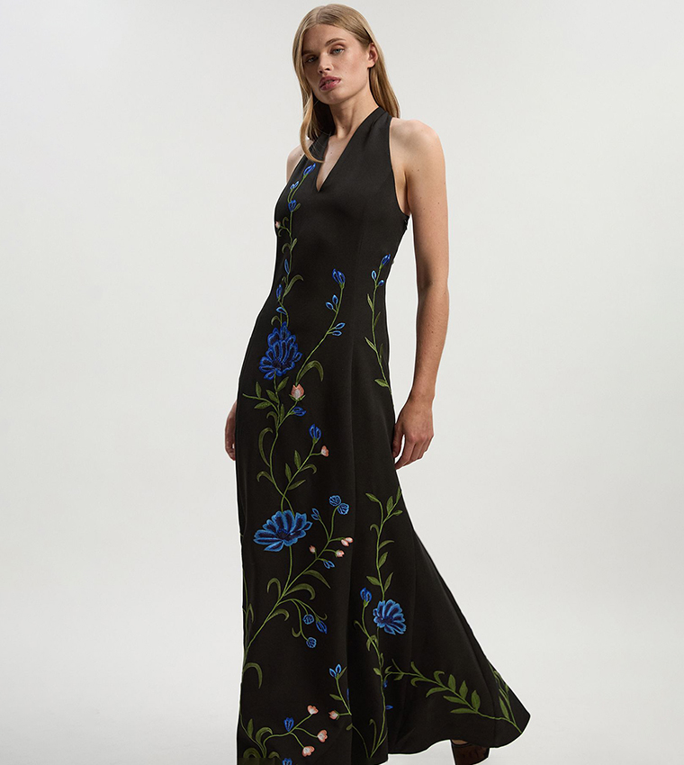 Buy Karen Millen Petite Placed Floral Embroidered Halterneck Crepe