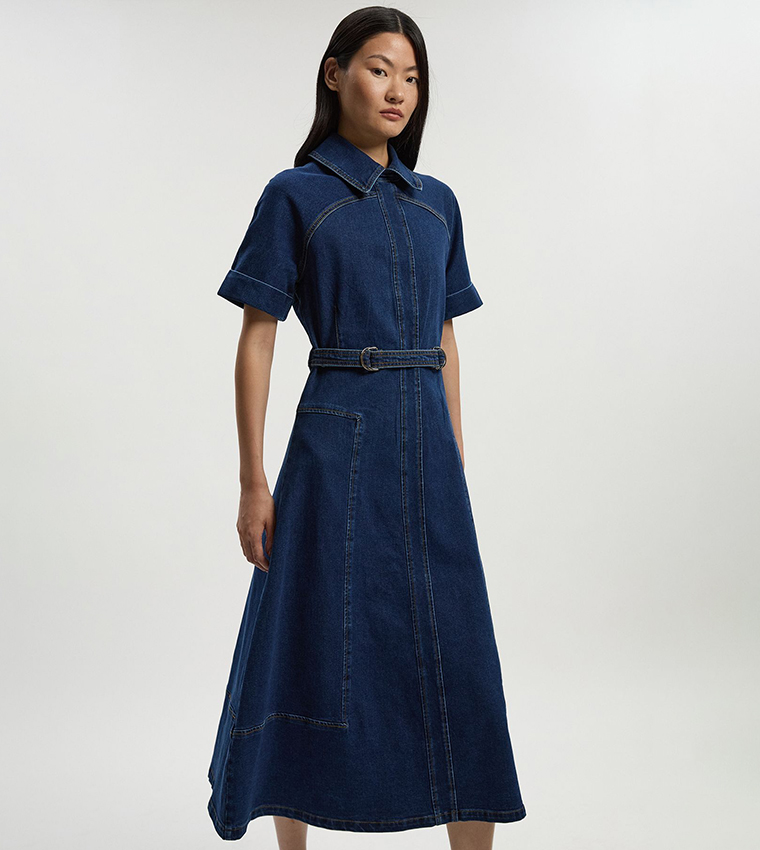 Stretch Belted Denim Midi Dress