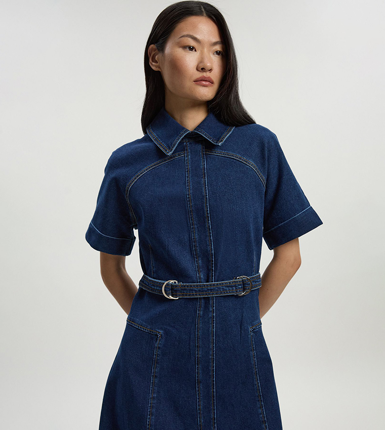 Stretch Belted Denim Midi Dress