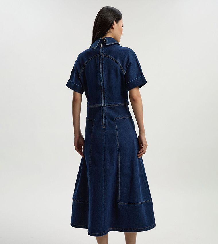 Stretch Belted Denim Midi Dress
