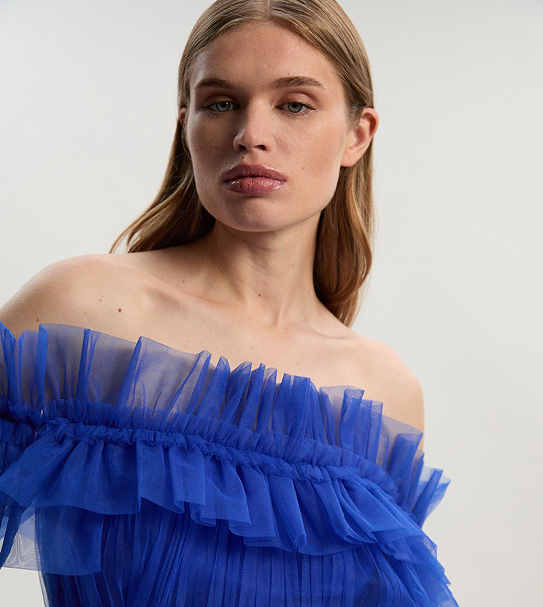 Tulle Layered Off Shoulder Maxi Dress
