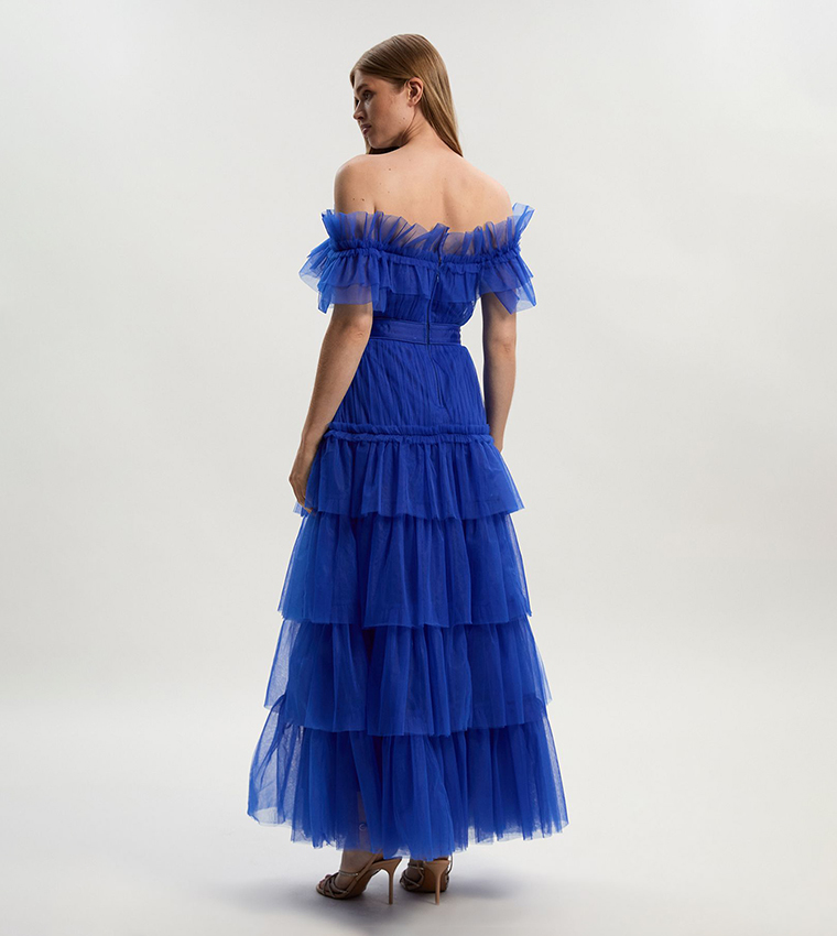 Tulle Layered Off Shoulder Maxi Dress