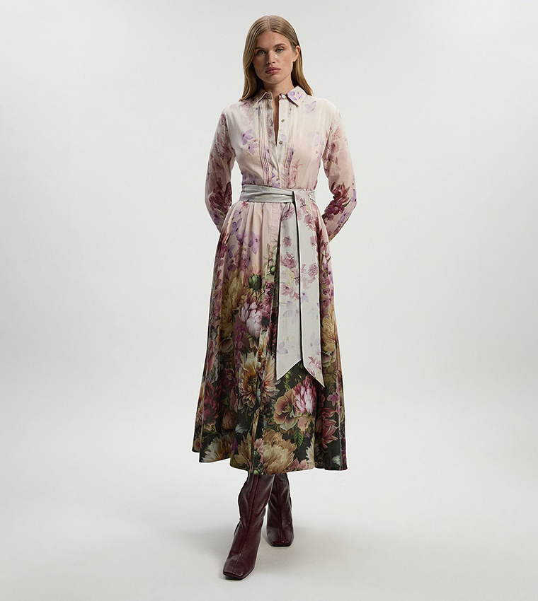 Petite Printed Silk Long Sleeves Maxi Dress
