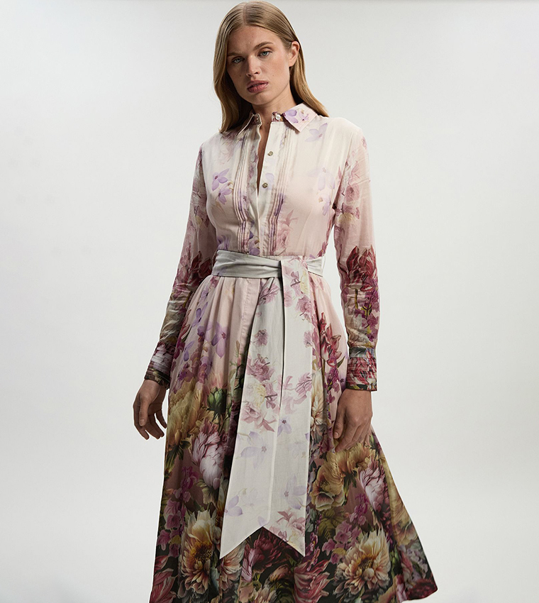 Petite Printed Silk Long Sleeves Maxi Dress