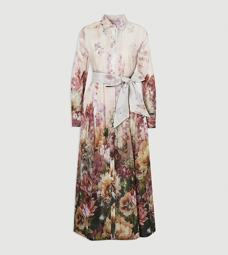 Petite Printed Silk Long Sleeves Maxi Dress