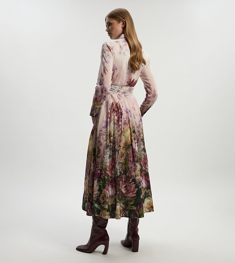 Petite Printed Silk Long Sleeves Maxi Dress