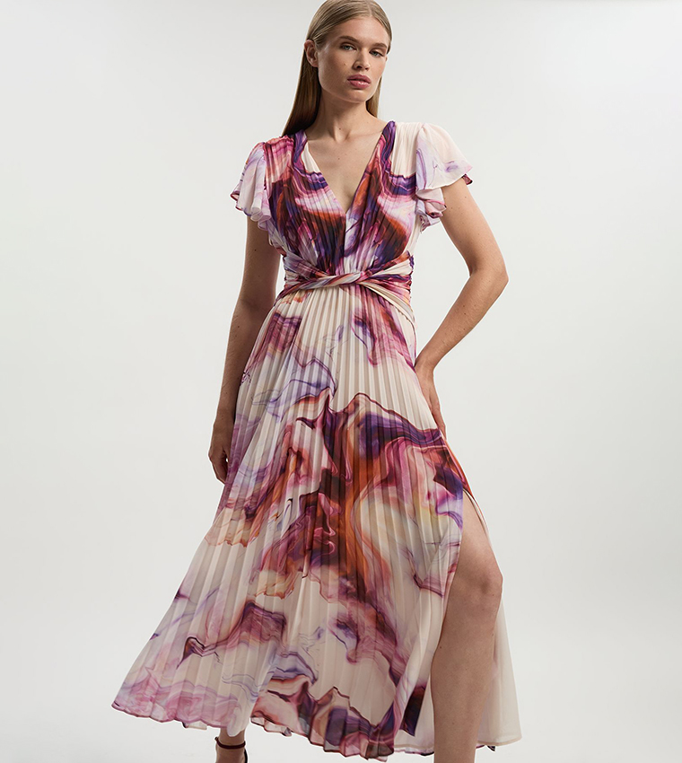 Marble Soft Pleated V-Neck Woven Maxi Dress