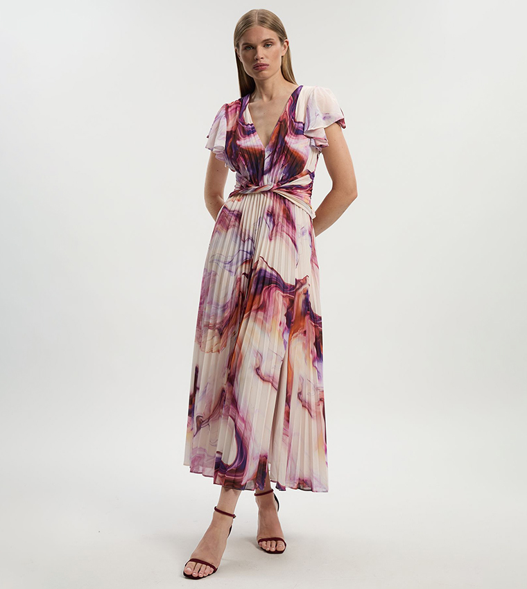 Marble Soft Pleated V-Neck Woven Maxi Dress