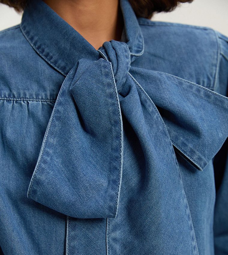 Pussybow Long Sleeves Denim Top