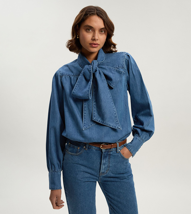 Pussybow Long Sleeves Denim Top