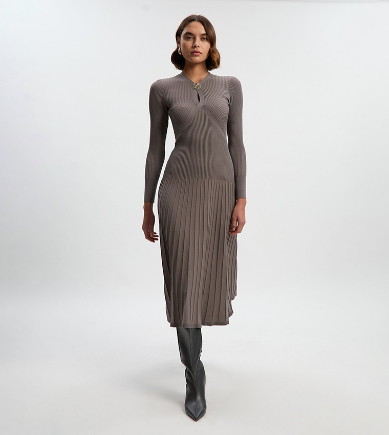 Rib Knit Trim Detail Flared Midi Dress