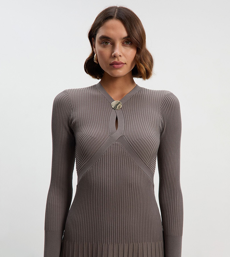 Rib Knit Trim Detail Flared Midi Dress