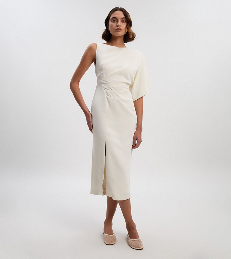 Soft Tailored Asymmetric Sleeves Midi Dress