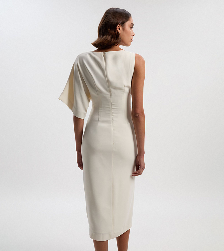 Soft Tailored Asymmetric Sleeves Midi Dress