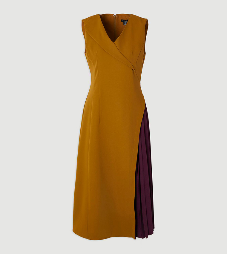 Soft Tailored Color Block Pleated Side Sleeveless Midi Dress