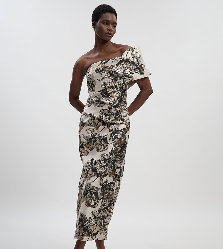 Floral Jacquard Asymmetric Neck Pencil Dress