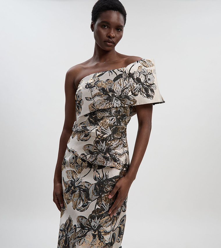 Floral Jacquard Asymmetric Neck Pencil Dress