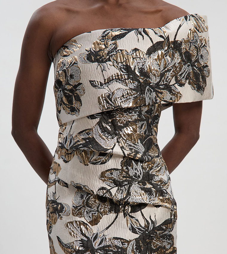 Floral Jacquard Asymmetric Neck Pencil Dress