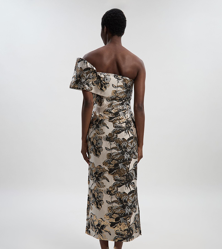 Floral Jacquard Asymmetric Neck Pencil Dress