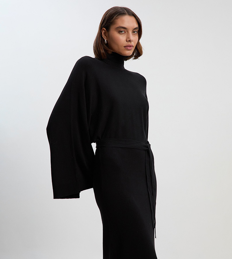 Viscose Blend Funnel Neck Belted Knitted Midi Dress