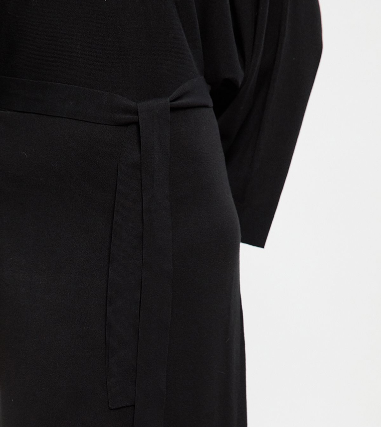 Viscose Blend Funnel Neck Belted Knitted Midi Dress