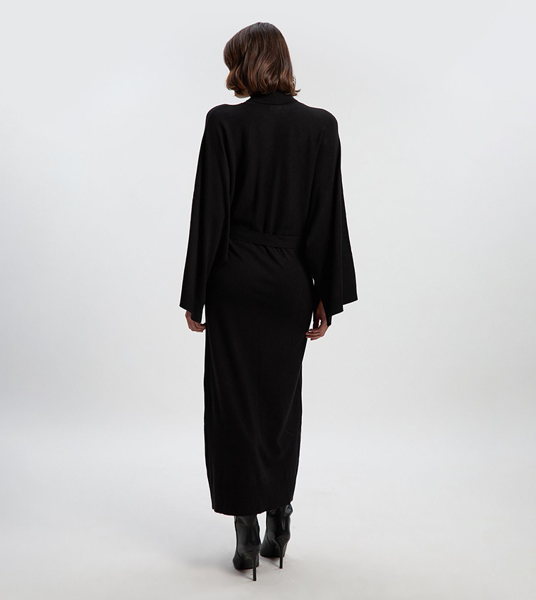 Viscose Blend Funnel Neck Belted Knitted Midi Dress