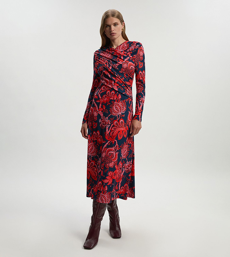 Paisley Floral Printed Jersey Crepe Twist Maxi Dress