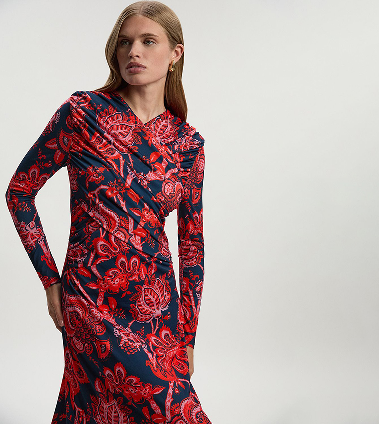 Paisley Floral Printed Jersey Crepe Twist Maxi Dress