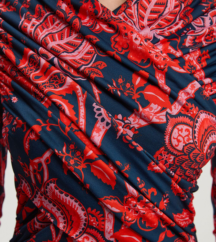Paisley Floral Printed Jersey Crepe Twist Maxi Dress